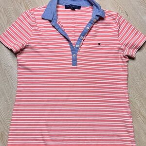 Tommy Hilfiger Pink White Striped Polo Shirt Women’s Small Logo